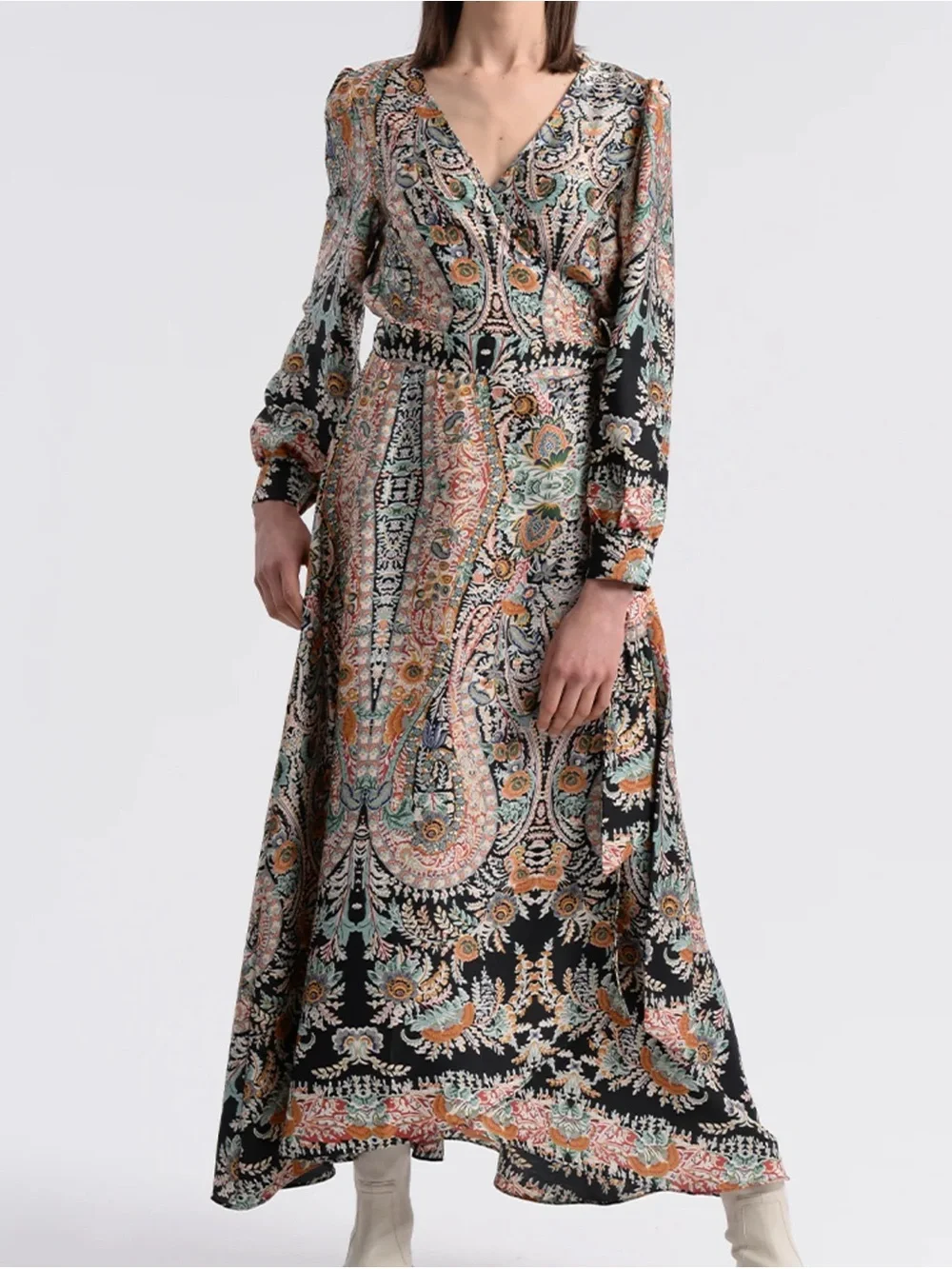 NWT Molly Bracken Paisley Wrap Maxi Dress in Black and Multicolor - Picture 2 of 6